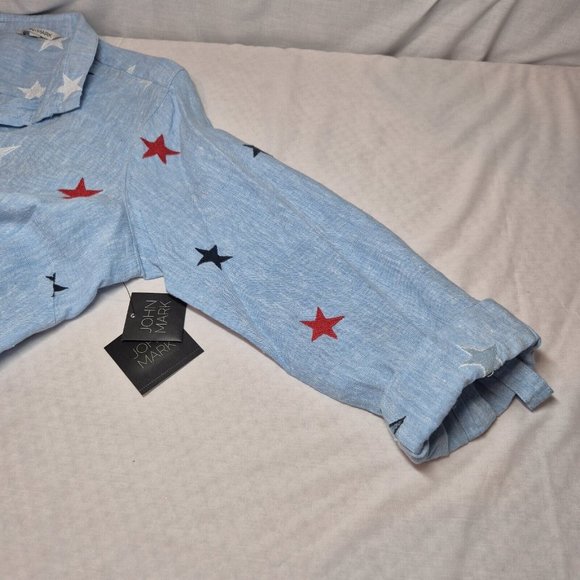 John Mark Women's Size 2X Linen Shirt Top 4th of July Star Embroidered Blue (42) - Picture 5 of 13